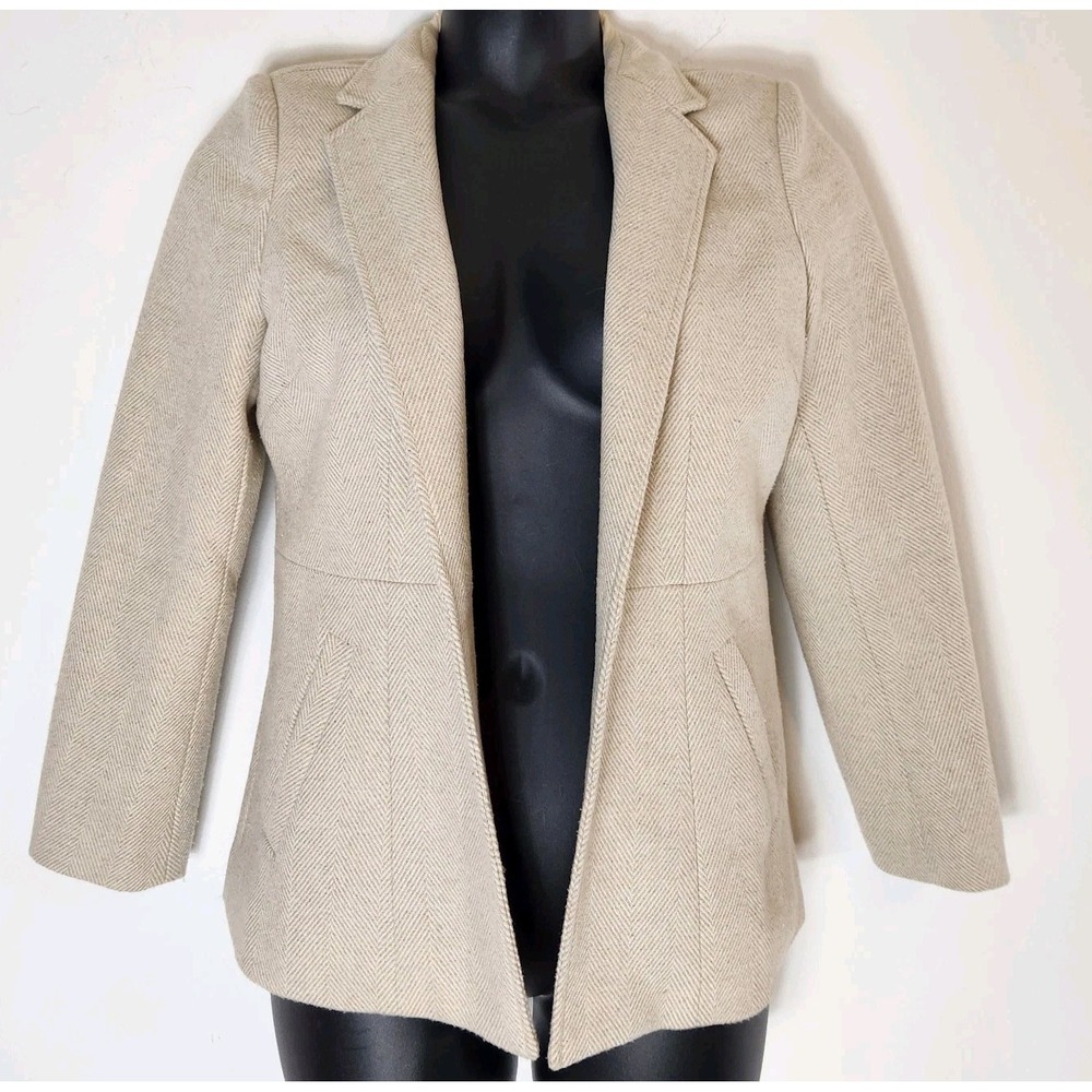 Wool Blend Herringbone Blazer M Cream Old Money Equestrian Academia Jacket